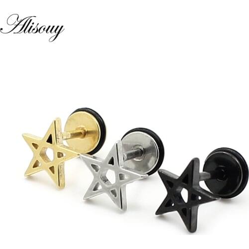 Alisouy 2 PCS color black gold Colorful Stainless Stain Stud Earrings trendy Holly Star style fashion ear jewelry For Men Women