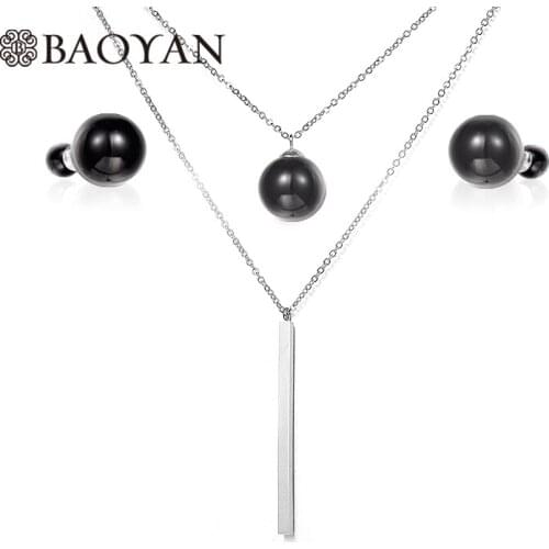 BAOYAN 316L Stainless Steel Silver Black White Pearl Multilayered Necklace Earring Jewelry Sets N1