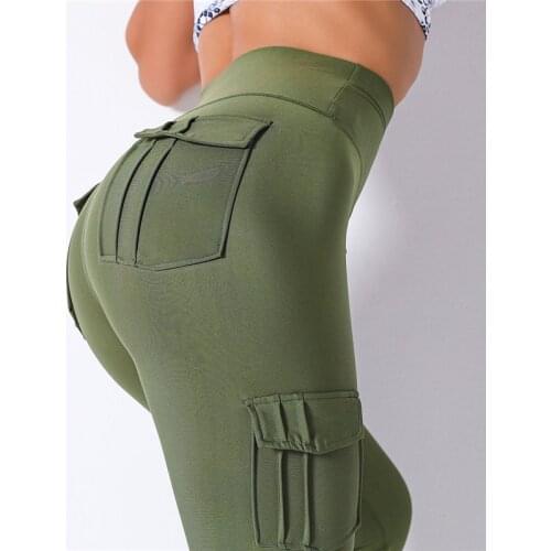 Green Fitness Pants For Women High Waist Leggings Pocket Patchwork Solid Push Up Pants Women Clothing Polyester Cargo Pants
