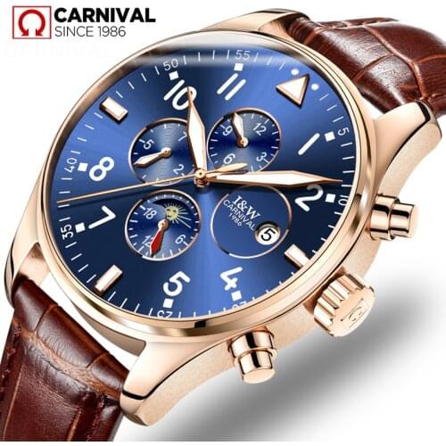 CARNIVAL Famous Brand Watch Luxury Men Automatic Watches Moon phase Luminous Calendar Week Genuine Leather Rose Gold Blue Watch