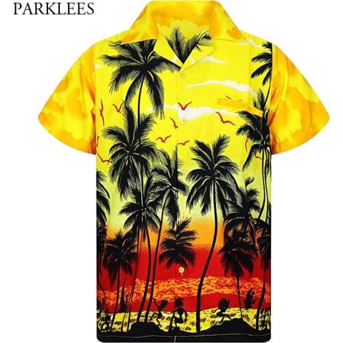Yellow Hawaiian Beach Shirt Men 2020 Summer Fashion Palm Tree Printed Mens Tropical Aloha Shirts Holiday Vacation Chemise Homme