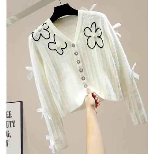 Cardigans for Women 2020 New Beaded Diamond Bow Flower V-neck Sweater Cardigan Jacket Lady Chic Top Casual Cropped Cardigan