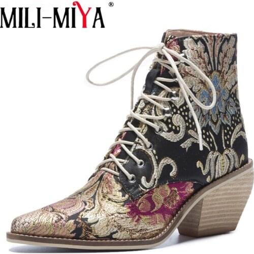 MILI-MIYA Big size 34-43 Newest Chinese style ankle boots women embroider fashion boots lace up autumn winter ladies shoes