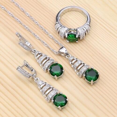 925 Sterling Silver Jewelry Sets For Women Green Cubic Zirconia White Crystal Pendant Necklace Ring Earrings Set