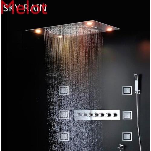 Bathroom LED Spa Massage Shower Head Rainfall Waterfall Mist Rain Curtain Lateral Jets Thermostatic Shower Set