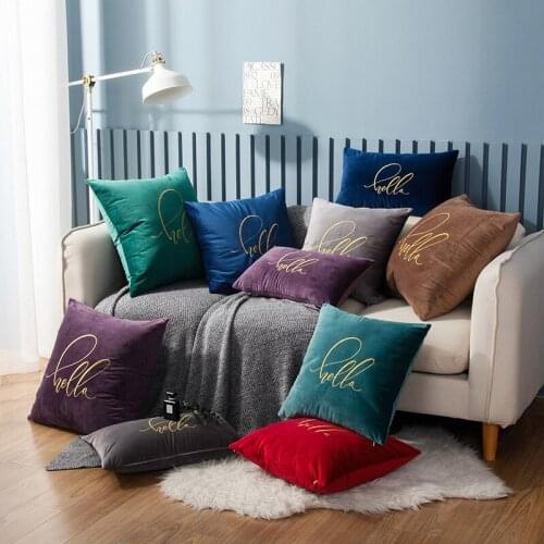 Golden Thread Hello Embroidery Green Cushion Cover Soft Velvet Home Decoration Pillowcase 30x50cm/55x55cm Blue Red Gray Purple