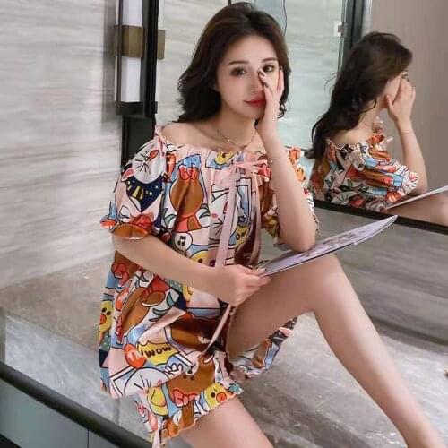 Summer New Women One Word Collar Short Sleeve Nightgown Suit Elasticity Mulberry Silk Loose Thin Section Sleepwear
