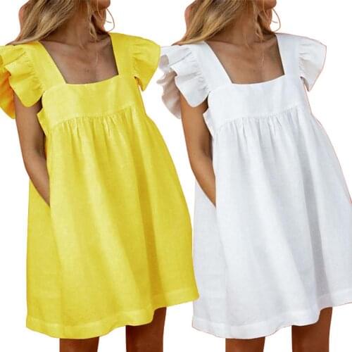 Women Casual Square Neck Sleeveless Ruffled Straps Pockets Loose Mini Dress