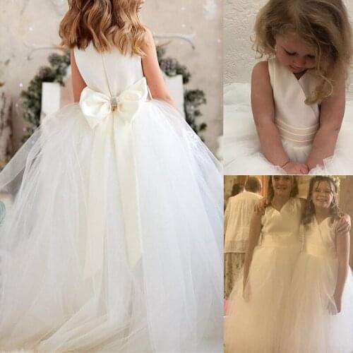 V-neck Stain Ivory Flower Girl Dresses with Bow Elegant Wedding Gowns for Girl Birthday Party Kid Dresses