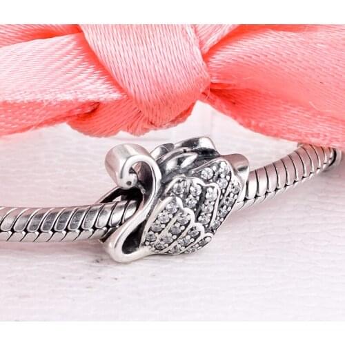 Fits For Pandora Bracelets Majestic Swan Charms with Clear Cubic Zirconia 100% 925 Sterling Silver Beads Free Shipping
