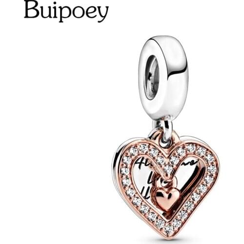 Buipoey New Rose Gold Heart Pendant dangle Charm For Bracelets & Necklace Diy Fashion Shiny Crystal Jewelrys Accessories Beads