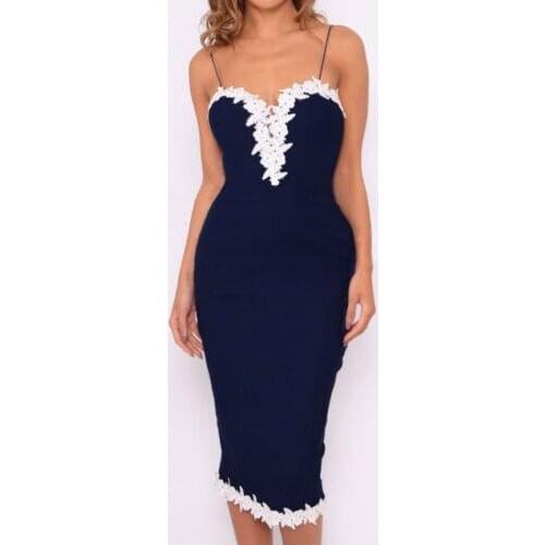 Sexy Women Lace Bodycon Cocktail Party Pencil Dress Strap Floral V-Neck Knee-Length Dress