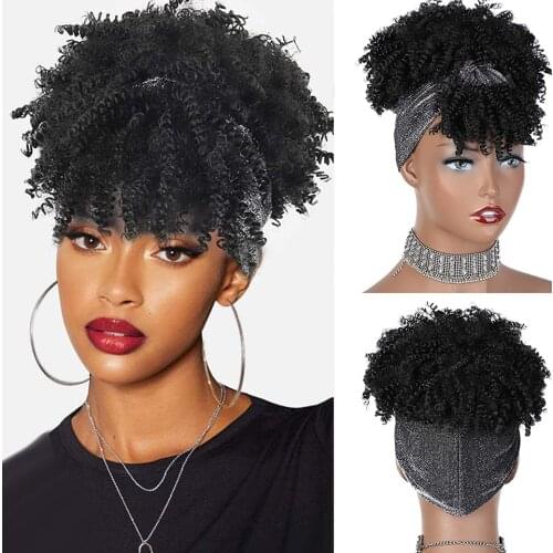 Synthetic Headband Wigs Short Black Kinky Curly Wig with Bangs Afro Puff Wigs for Women Silver Turban Head Wrap Heat Resistant