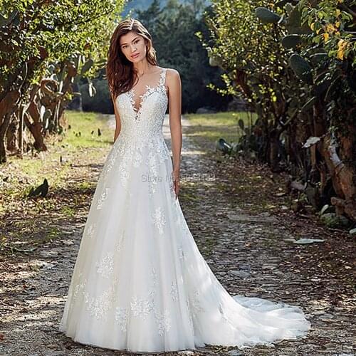 2021 V Neck Lace Straps A Line Wedding Dresses Off The Shoulder Appliques Backless Bridal Married Wedding Dress Robe De Mariee