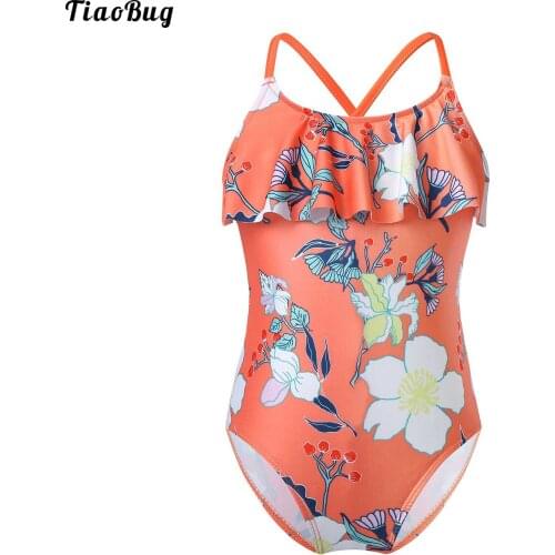TiaoBug Summer Kid Girl One-Piece Ruffle Neck Spaghetti Shoulder Straps Criss Cross At Rear Floral Print Leotard Bikini Swimwear