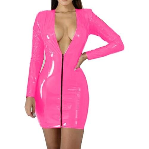 12 Colors Party PVC Long Sleeve Dress Women Sexy Wetlook Bodycon Mini Dress Deep V-neck Clubwear Exotic Zipper Front Vestido