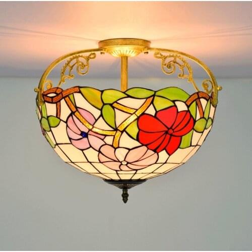 40cm European-Style Vintage Morning Glory Tiffany Colored Glass Restaurant Aisle Corridor Bathroom Glass Ceiling Lamp
