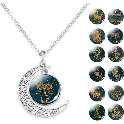 Vintage 12 Constellation Necklace Silver Color Crescent Pendant Necklace Zodiac Sign Jewelry for Men Women
