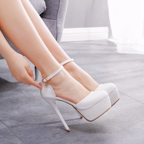14 cm waterproof platform high-heeled shoes with thin heels and round heads white high-heeled wedding shoes trade plus size