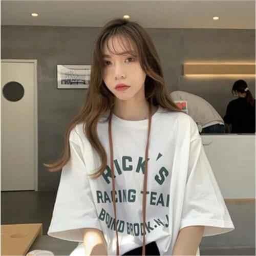 Korean Style T-shirt Woman Fashion Letters Print Short Sleeve O Neck Tshirt Femme High Quality Women Tops