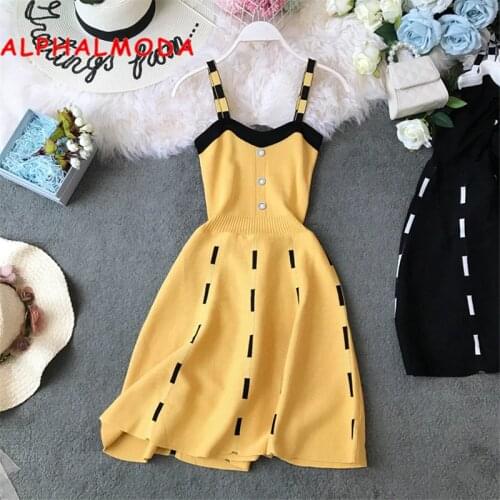 ALPHALMODA Knitted Suspender Dress Single Breasted High Waist Slim Waist A-line Chic Short Summer Knit Sundress for Women 2019