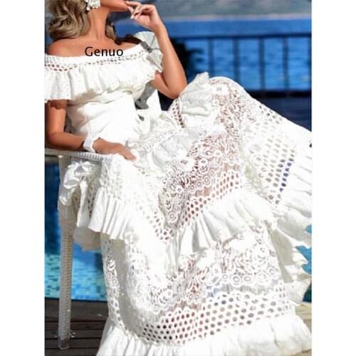 Women Dresses Lace Dress Sleeveless Slash Neck Hollow Out Long Sleeve White Plus Size Sexy Long Dresses Party Evening Vestido