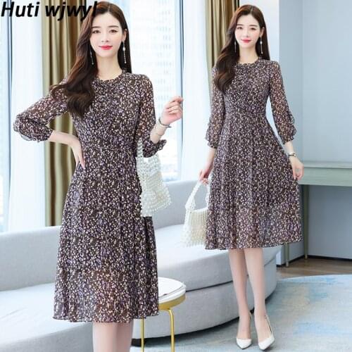Spring Women Boho Floral Chiffon Midi Dresses Autumn Korean Vintage Casual Beach Sundress 2021 New Elegant Bodycon Party Vestido
