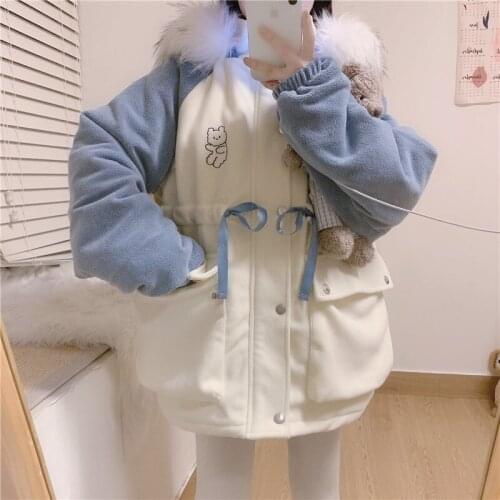 Winter New Thickened Warm Loli Coat Embroidered Cute Bear Japanese Female Student Wool Faux Fur Collar Hooded Cotton Lolita Suit