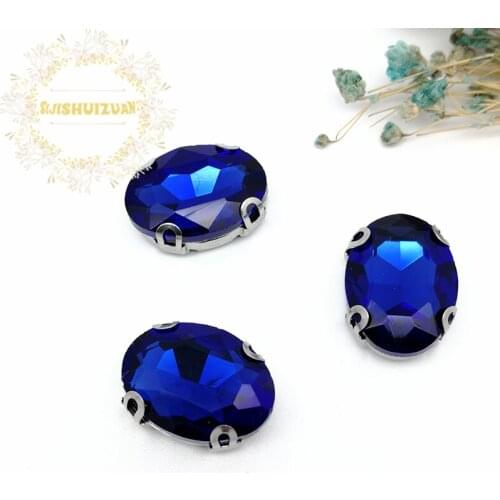 Free shipping! Sapphire blue OVAL shape Glass Crystal sew on rhinestones with D-shape claw Diy wedding decoration