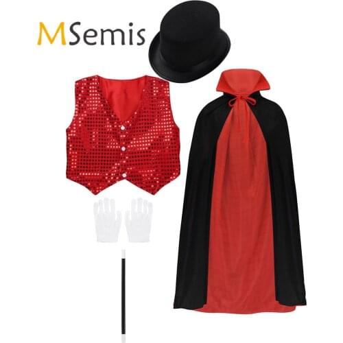 Kids Magician Role Play Props Outfit Waistcoat Cape Hat Magic Wand Gloves Set for Cosplay Choir Jazz Dance Stage Performance
