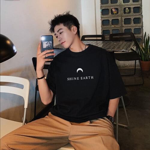 Black Male T Shirt Summer Oversized Letter Print Short Sleeve O Neck Solid Loose Harajuku Japanese Fashion Cute Cotton Tees