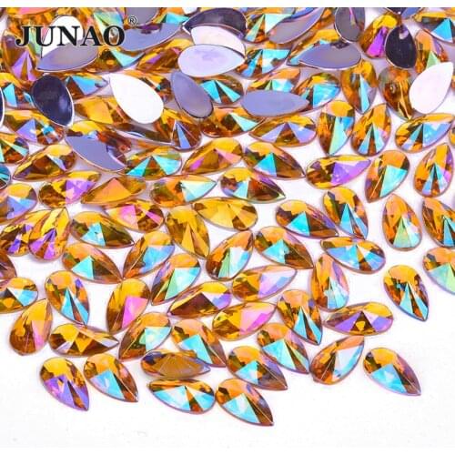 JUNAO 8*13mm 9*18mm Yellow AB Drop Crystal Nail Rhinestones Decorative Acrylic Nail Art Stone Flat Back Strass Charms Manicure