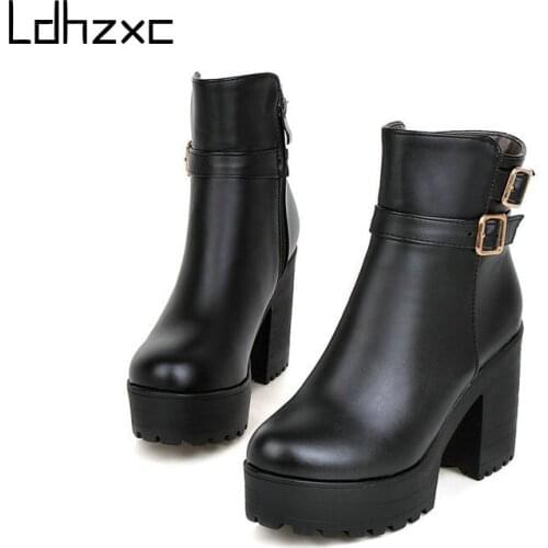 LDHZXC Ankle Boots Women Boots Solid Black Punk Style Female Short Boots Platform High Heels Ladies Shoes Plus Size 34-46
