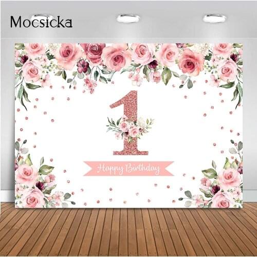 Mocsicka 1st Happy Birthday Backdrop 7x5ft Newborn Girls Floral Photo Background Studio Watercolor Rose Flowers Backdrops First