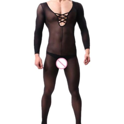 Fashion Mens Pajama Sexy Transparent Bodystockings Male Erotic Lingerie Open Crotch Bodysuit Teddy Mens Sexi Cosplay Costume