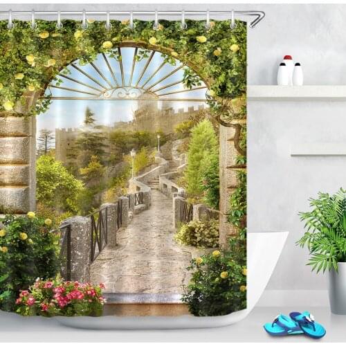 Washable Digital Scenic Shower Curtains Road to the Castle Europe Style Near Forest Bathroom Curtain Fabric for Bathtub Decor