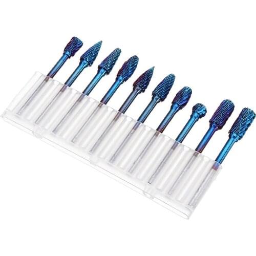 10Pcs 3mm Shank Blue Tungsten Carbide Burrs 6mm Head Rotary File Set Milling Cutter Woodworking Tools Kit
