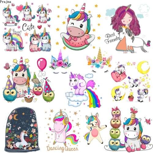 Prajna Cute Unicorn Stickers Iron On Transfers For Kids T-shirt Hoodies Heat Transfer Ironing Stickers DIY Patches Summer Style