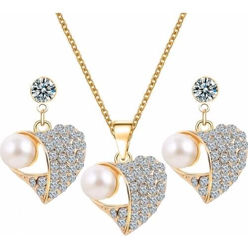 New Classic Imitation Pearl Heart Necklace Earrings Gold jewelry set for women Clear Crystal Party Gift Fashion Costume Jewelry