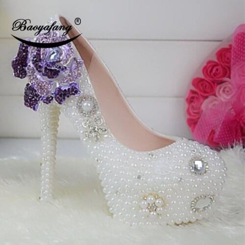 2019 New arrival Womens wedding shoes white pearl Bridal party dress shoes purple Flower Woman High heels platform shoe