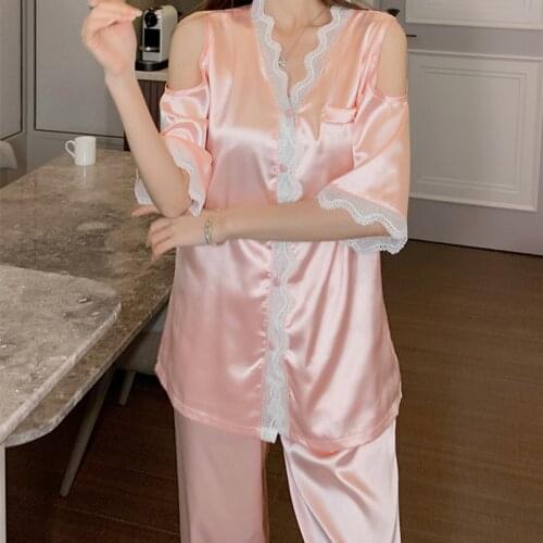 New Summer Ice Silk Pajamas Lady Off-the-shoulder Gown Suit Trousers Short Sleeves Lace Spring Autumn Clothes Occupy The Home