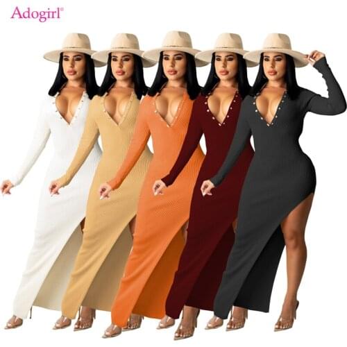 Adogirl Buttoned Ribbed Maxi Dress Autumn Winter Solid Women Sexy V Neck Long Sleeve Backless High Split Bodycon Robe Streetwear