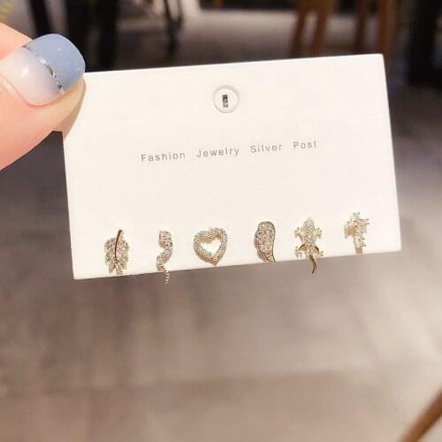 Mutil-shaped Love Heart Leaf Animal Stud Earring Set Cute Cubic Zircon Small Earrings For Women 6-piece Set S-E1197