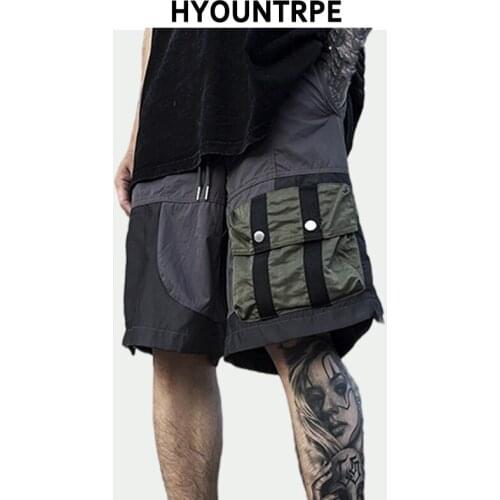 High Street Shorts Mens Function Cargo Patckwork Pockets Shorts New Casual Elastic Waist Drawstring Sportswear Hip Hop Shorts
