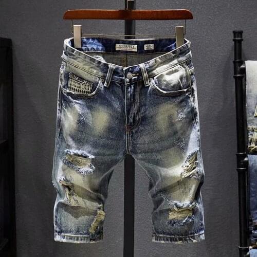 Summer New Mens Stretch Ripped Short Jeans Fashion Casual Loose High Quality Elastic Tooling Broken Hole Denim Shorts Male