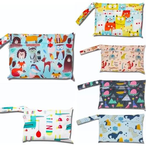 Baby Diaper Bag Printed Waterproof Wet Dry Nappy Zipper Handbag Stroller Carry Pack Travel Outdoor Wet Diaper Storage Bag Pocket