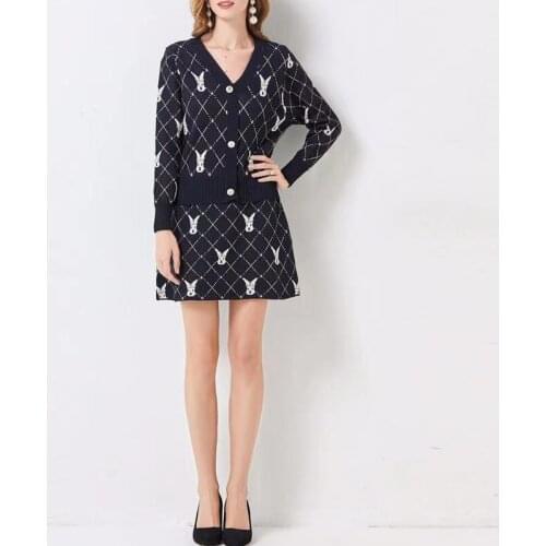 IVY HE High Quality Autumn Dress Suit Woman Clothing Cartoon Rabbit Knitted Suit New Sweater And Mini Skirt Two Piece Set Traf