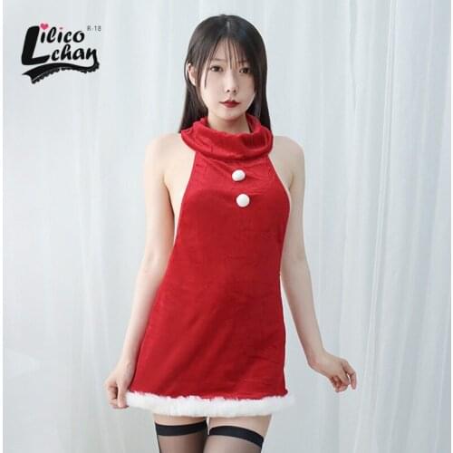 Japanese Anime Sweet Red Plush Turtleneck Dress Hollow Out Backless Role Play Costume Sexy Erotic Lingerie Womens Suit 2021 New