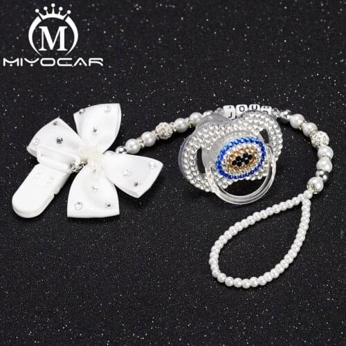 MIYOCAR Any name white bling rhinestone princess pacifier clip holder dummy clip with evil eye bling pacifier dummy idea gift