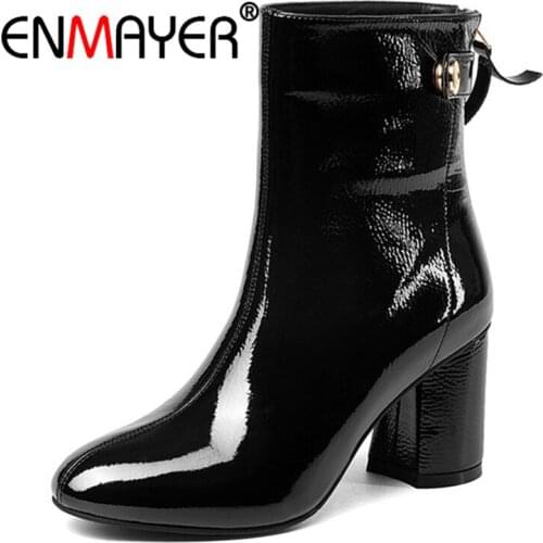 ENMAYER Pointed Toe Ankle Boots Women Short Shoes Size 40 Metal High Heels Ankle Boots Black Thick Heels Fashion Boots CR643